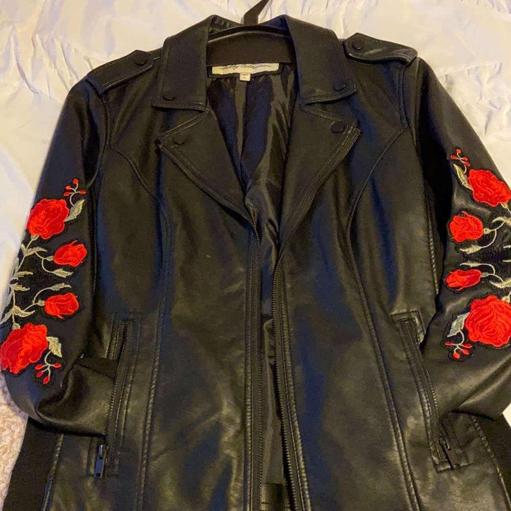 Black leather jacket with rose detailing